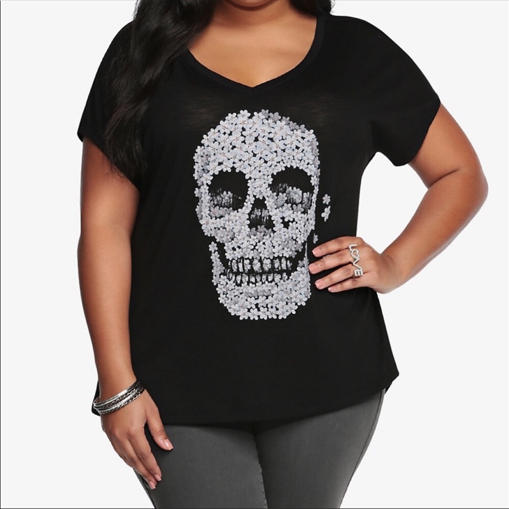 Torrid Floral Skull Split Back Tee
